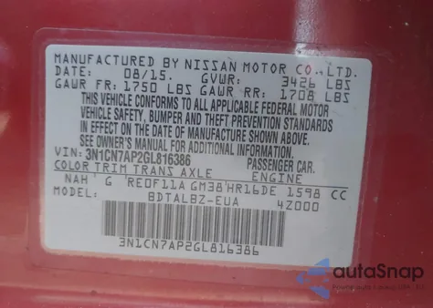 2016 Nissan Versa 1.6 Sv z USA, uszkodzony, nr VIN 3N1CN7AP2GL816386